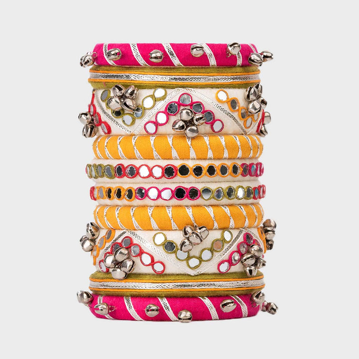 Pastel Handcrafted Surili Mirror Work & Ghugharu Bangles | Set of 10