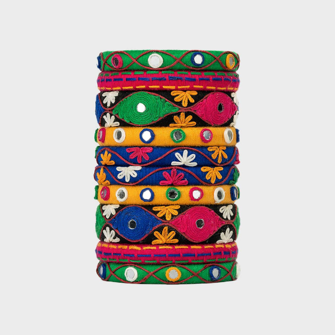 Multicolour Handcrafted Anchal Floral Mirror Work Bangles | Set of 10