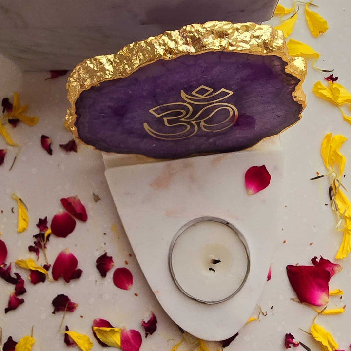 Handmade Purple Om Agate Decor With Marble Base Tea Light Holder