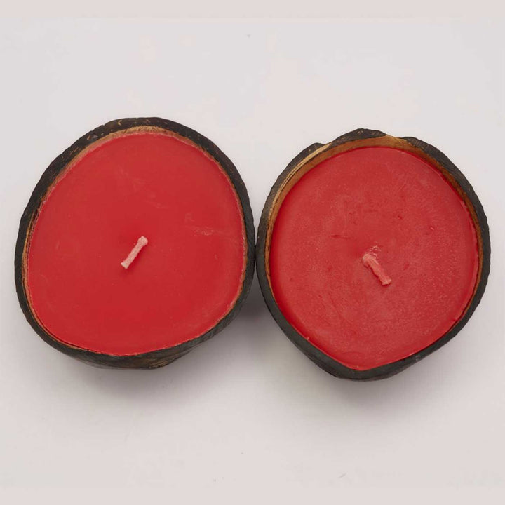 Eco-friendly Handmade Red Scented Coconut Shell Candle | Set Of 2