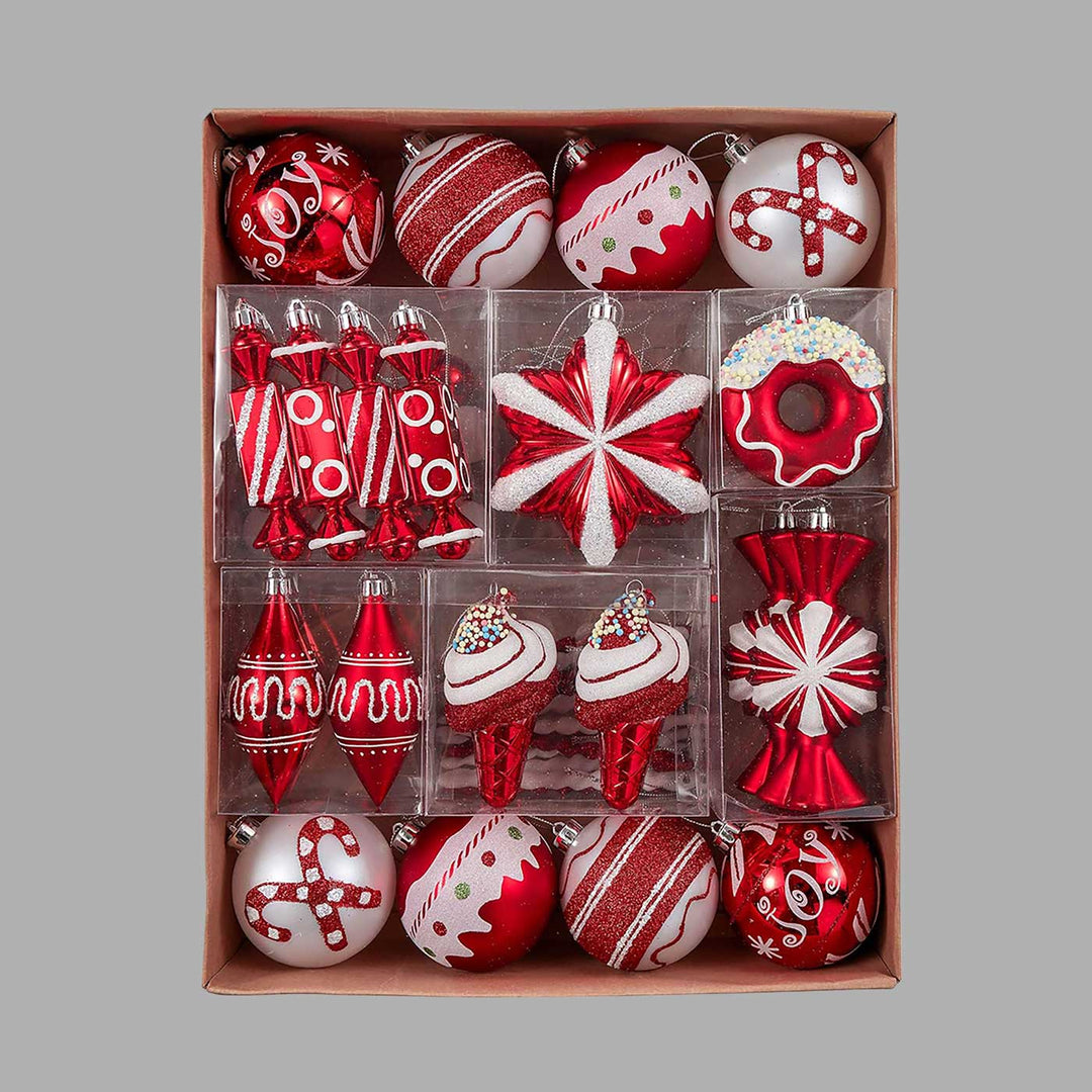 Red & White Candy theme Christmas Ball Ornaments For Decoration | Set of 60