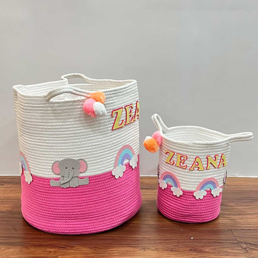 Personalized Handmade Elephant’S Magical Rainbow Jute Basket For Kids