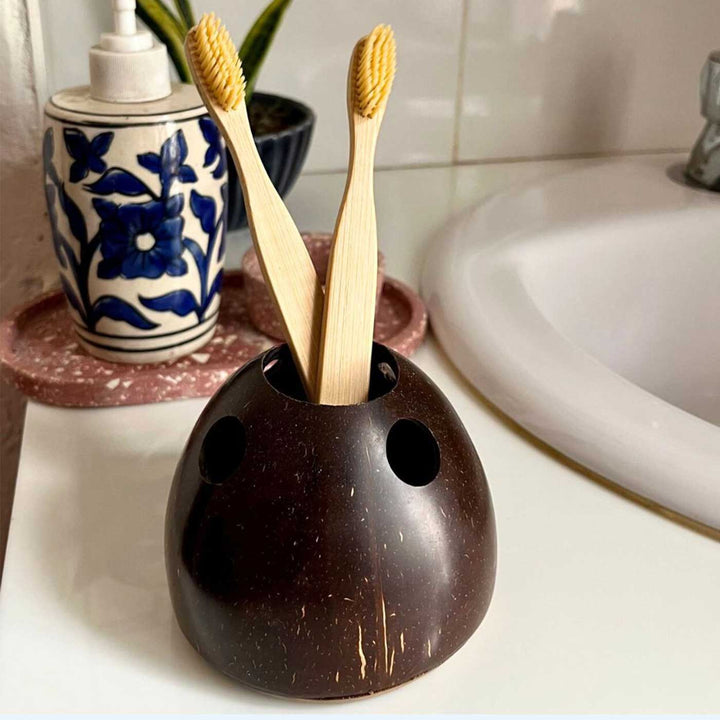 Eco-Friendly Handmade Brown Coconut Shell Toothbrush Holder