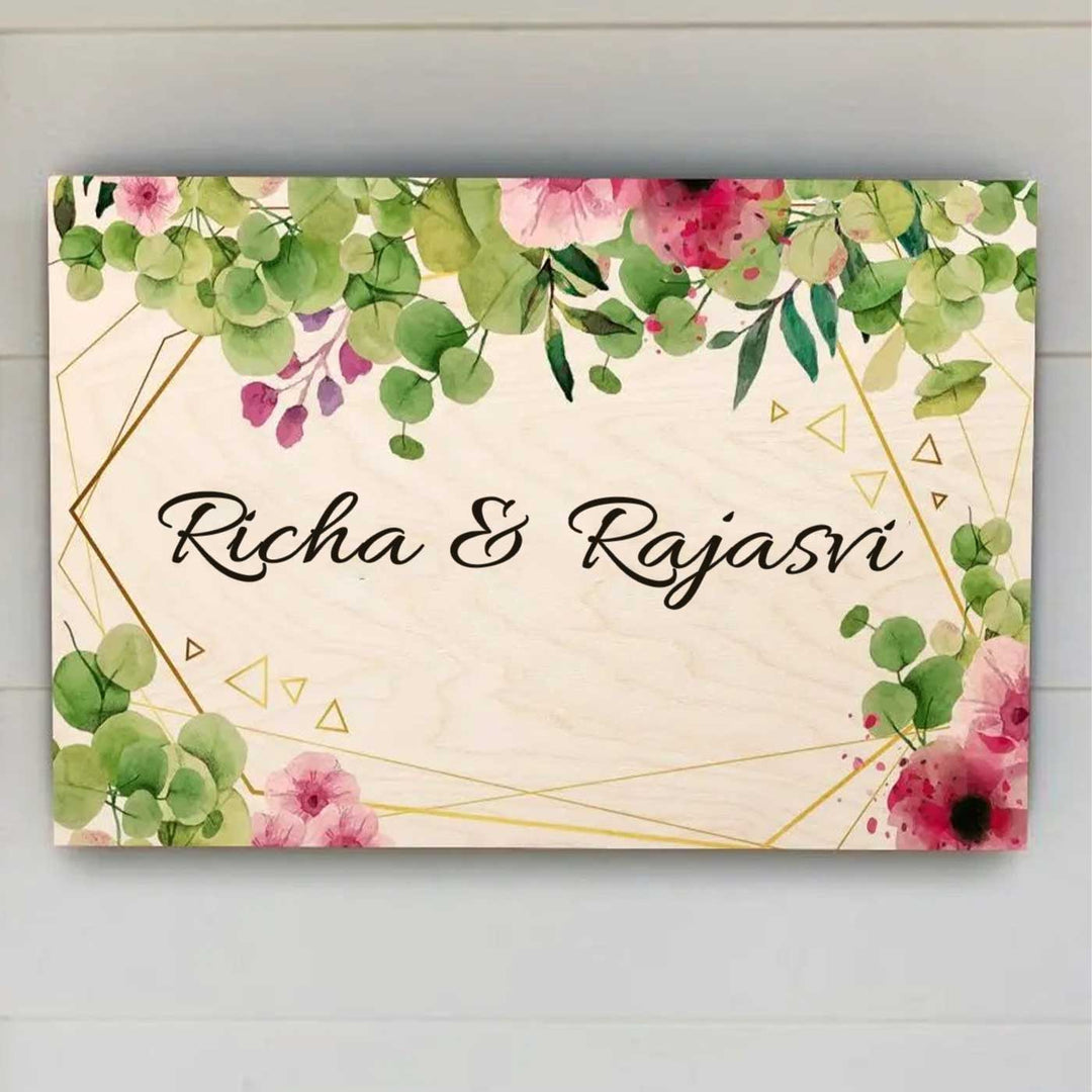 Printed Green & Pink Spring Floral Wooden Rectangle Nameplate