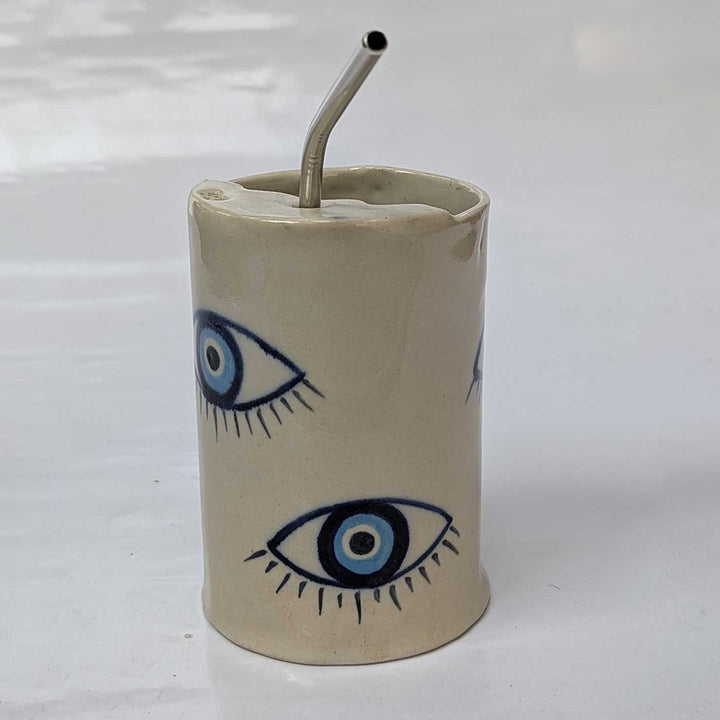 Hand-Painted Ceramic Bottle With Stainless Steel Straw