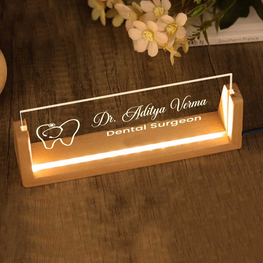 Personalized Dentist Sleek Glass Desk Nameplate With LED Light