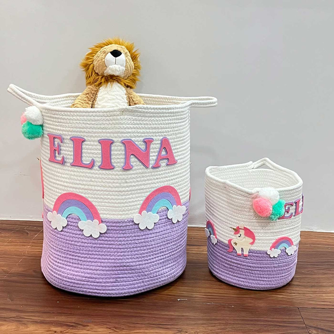 Personalized Handmade Unicorn Dreams & Rainbows Jute Basket For Kids