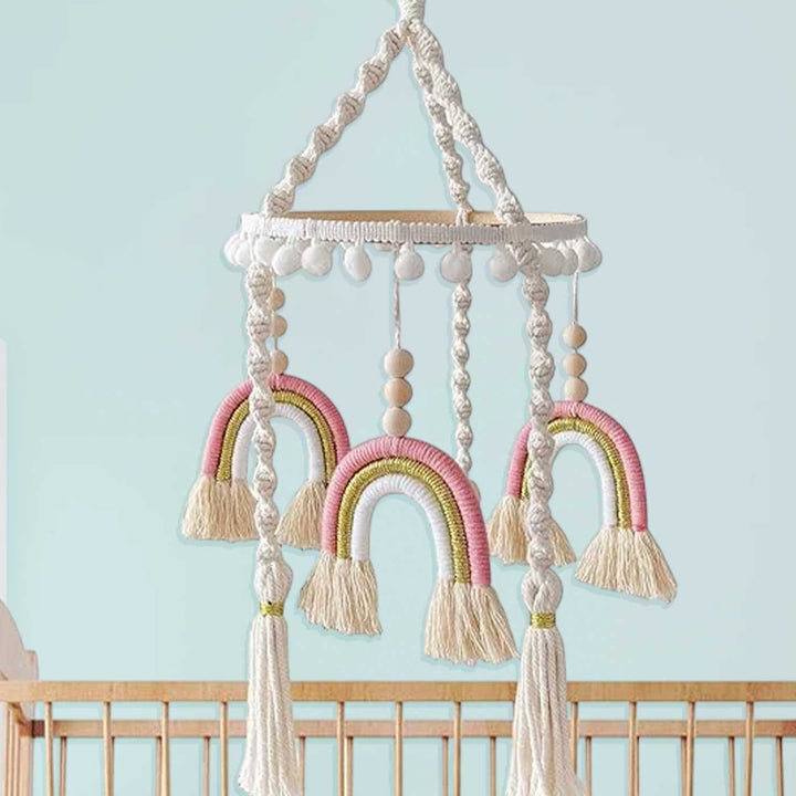 Handmade Rainbow Macrame Pink Felt Cot Mobile For Newborns