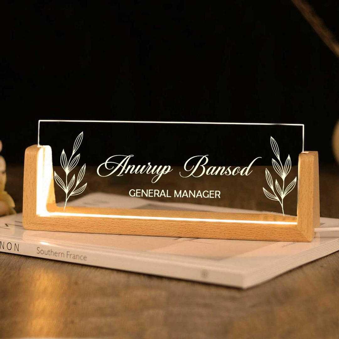 Personalized Profession Floral Theme Sleek Glass Desk Nameplate With LED Light