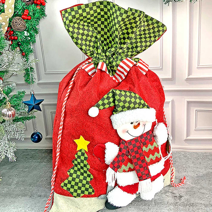 Handmade Snow Red & Green Checks Plush Fabric Gift Sacks For Christmas Decoration