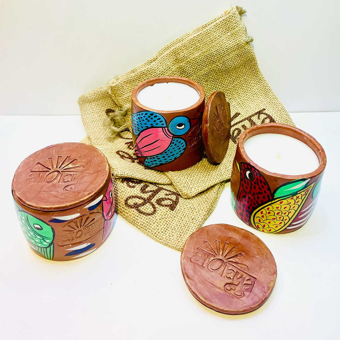 Hand-Painted Pattachitra Single Wick Scented Candle In Jute Bag | Set Of 3 (Assorted Designs)