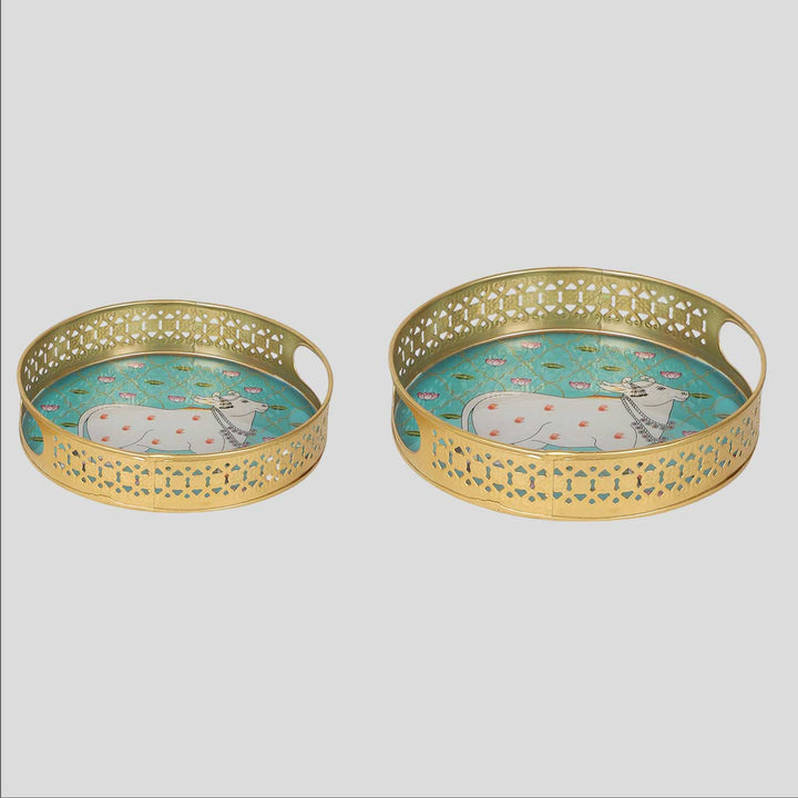 Handmade Round Green Pichwai Tray | Set Of 2