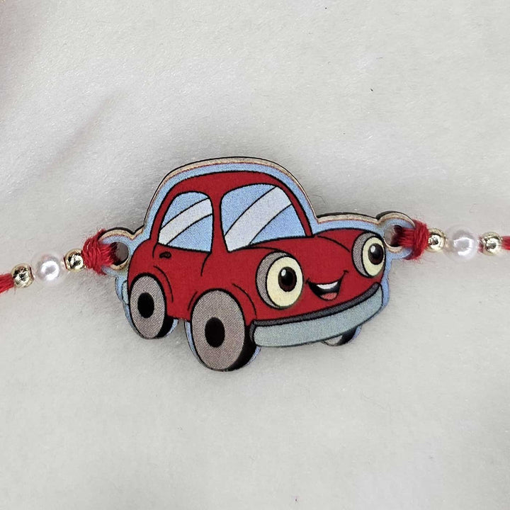 Handmade Car Theme MDF Wood Kids Rakhi With Roli Chawal