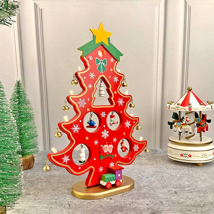 Red Xmas Tree With Led Light Wooden DIY Kit For Christmas Table Decoration | Set Of 15