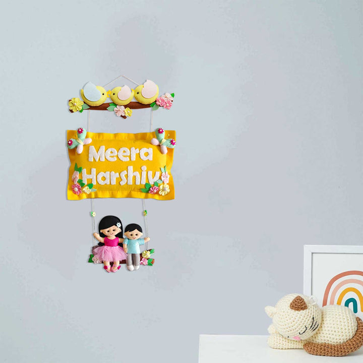 Hand-stitched Pillow & Bird Themed Felt Kids Nameplate with Swing For Siblings