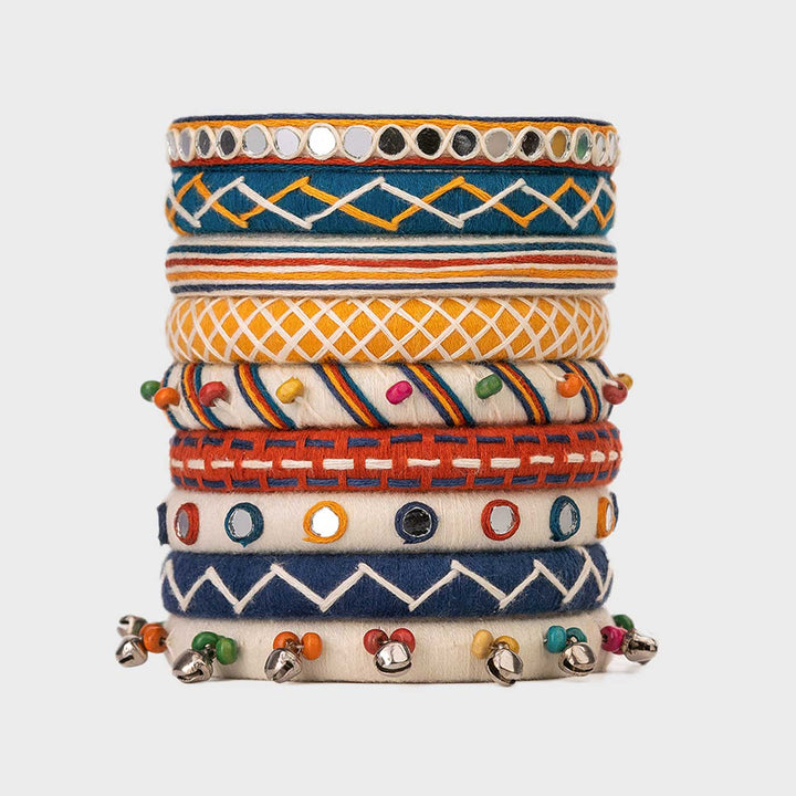 Multicolour Handcrafted Eka Cotton Thread & Wooden Beads Bangles | Set of 9