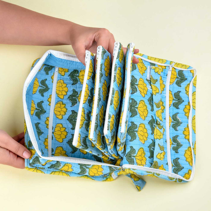 Block Printed Sunshine Bloom Cotton Jewellery & Travel Pouch