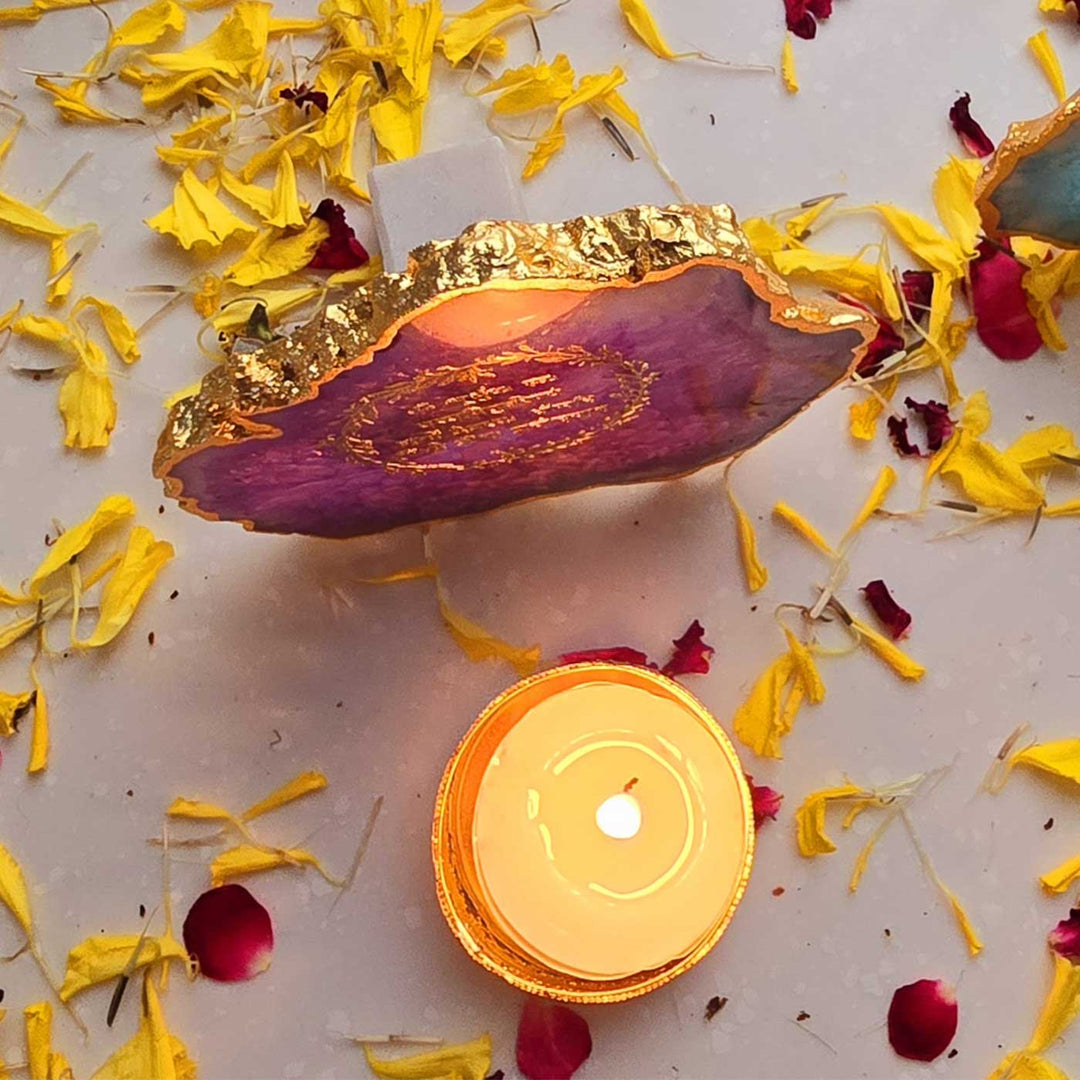 Handmade Purple Gayatri Mantra Agate Stone Tea Light Holder