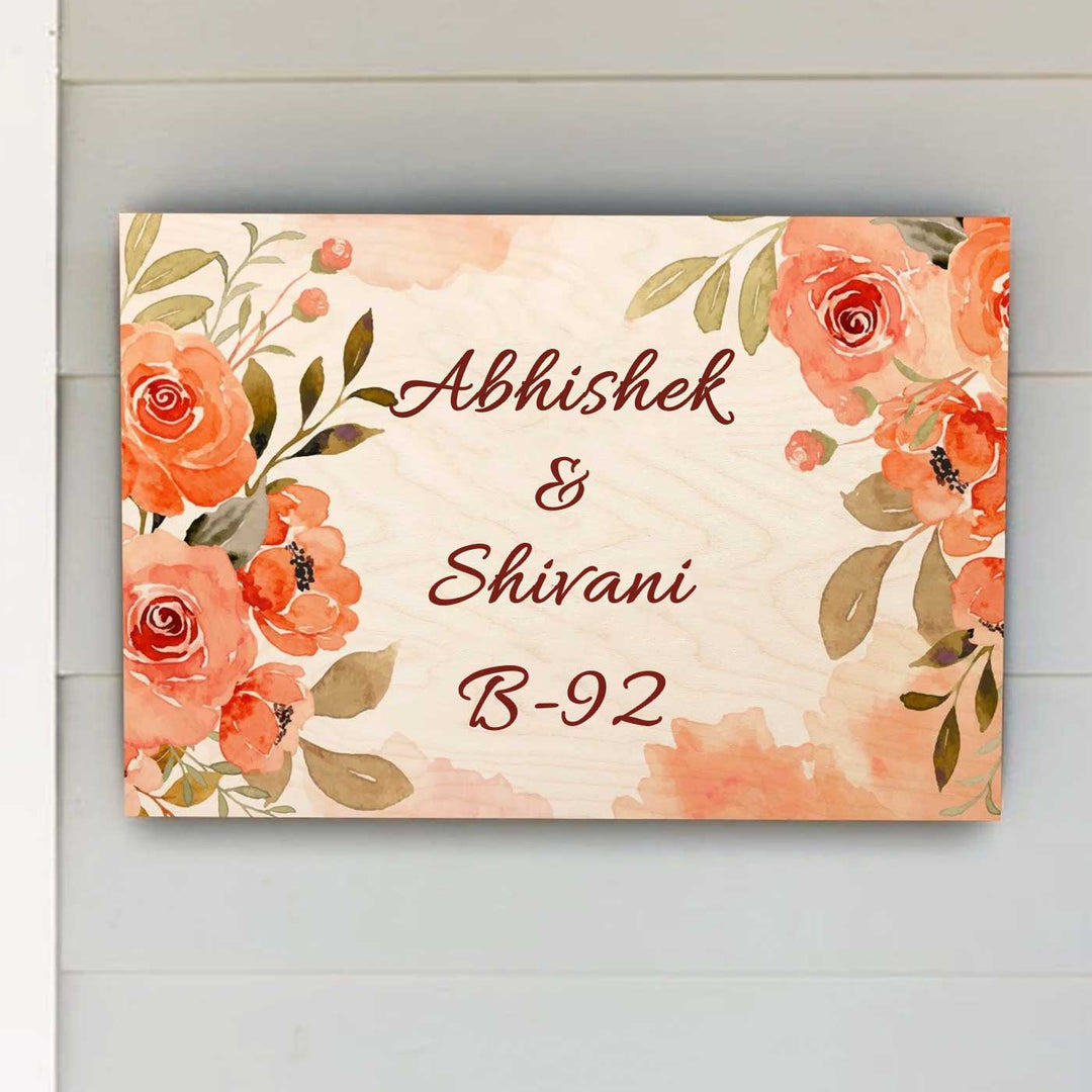 Printed Orange Floral Wooden Rectangle Nameplate