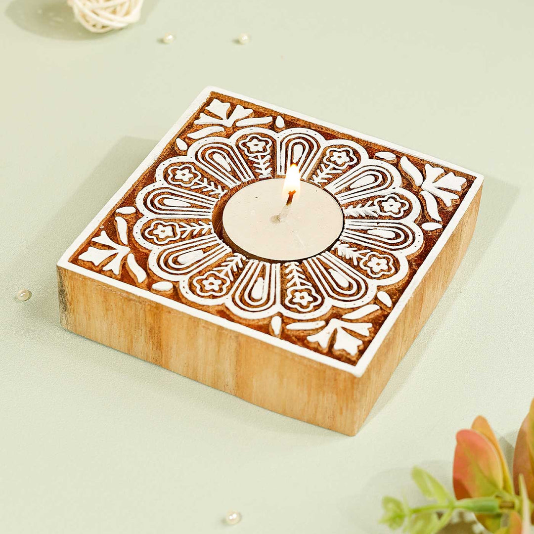 Handmade Carved Brown Square Wooden Block Tealight Holder | Set Of 2