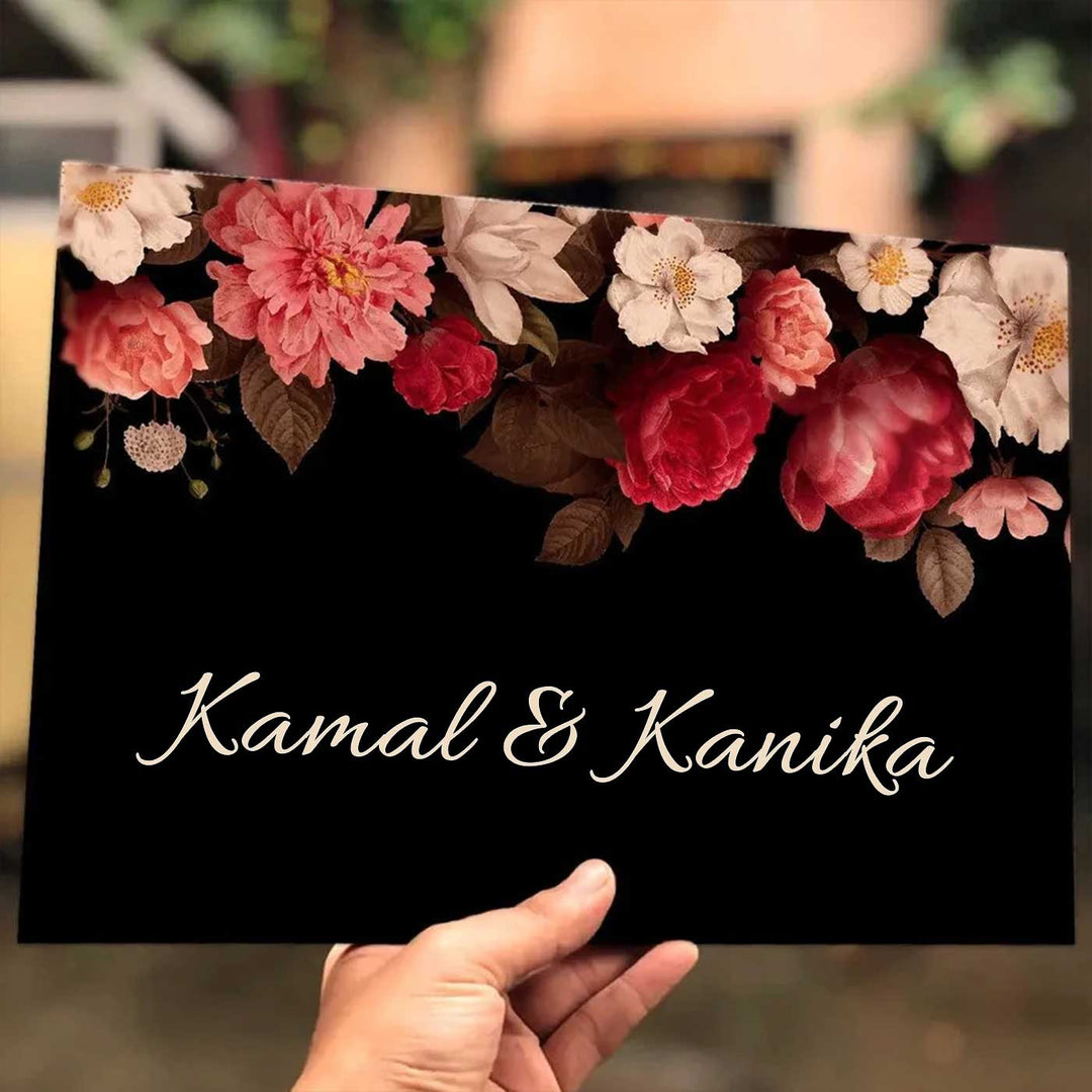 Printed Black Floral Wooden Rectangle Nameplate