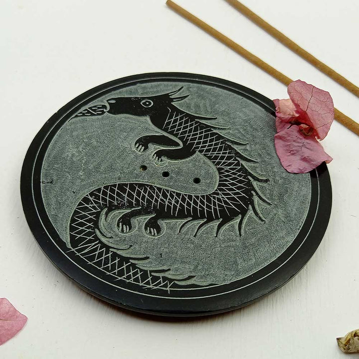 Handmade Black Iqrit Dragon Soapstone Incense Stick Holder | Set of 2