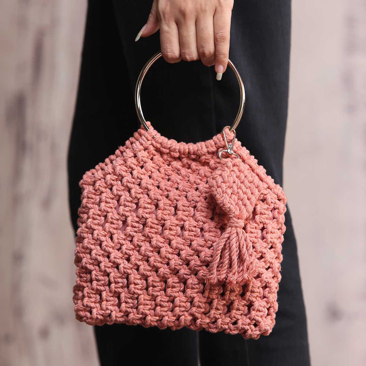 Handmade Macrame Handheld Bag With Metal Handle