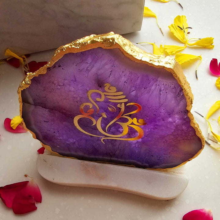 Handmade Purple Ganesha Agate Decor With Marble Tea Light Holder