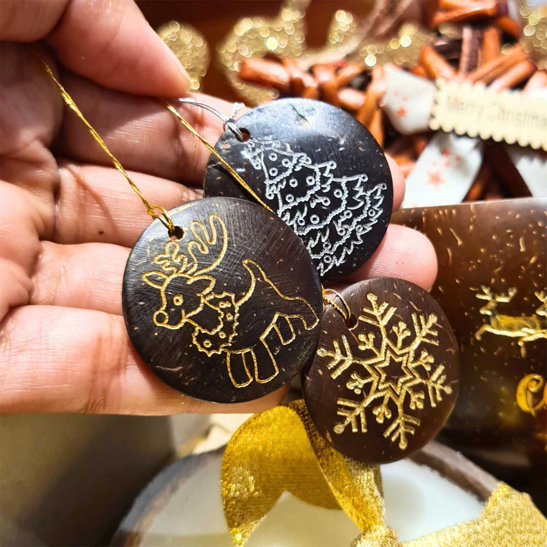 Eco-friendly Handmade Coconut Shell Ornaments For Christmas Tree Decoration | Set Of 6