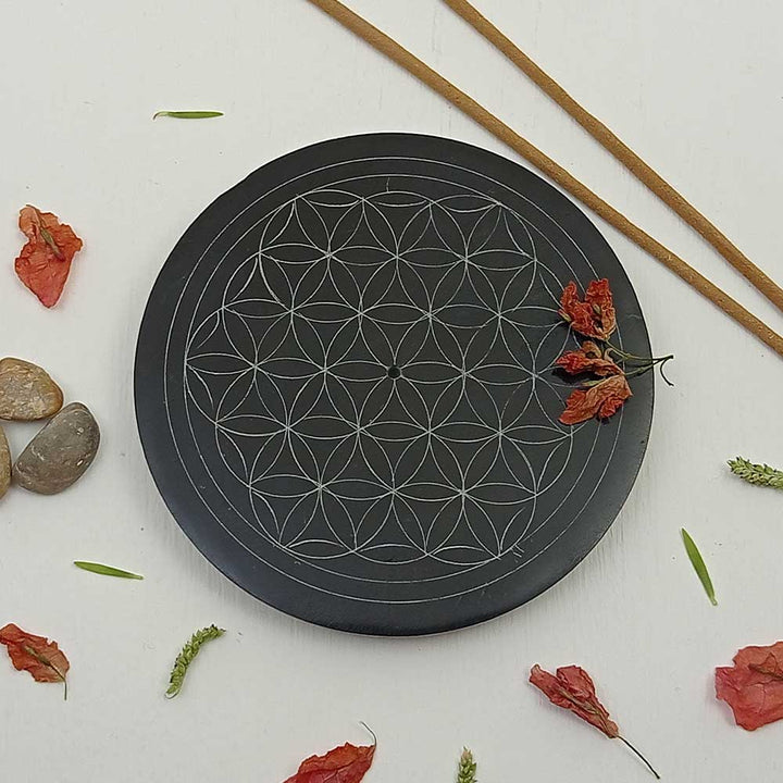 Handmade Black Adara Flowers Of Life Soapstone Incense Stick Holder | Set of 2