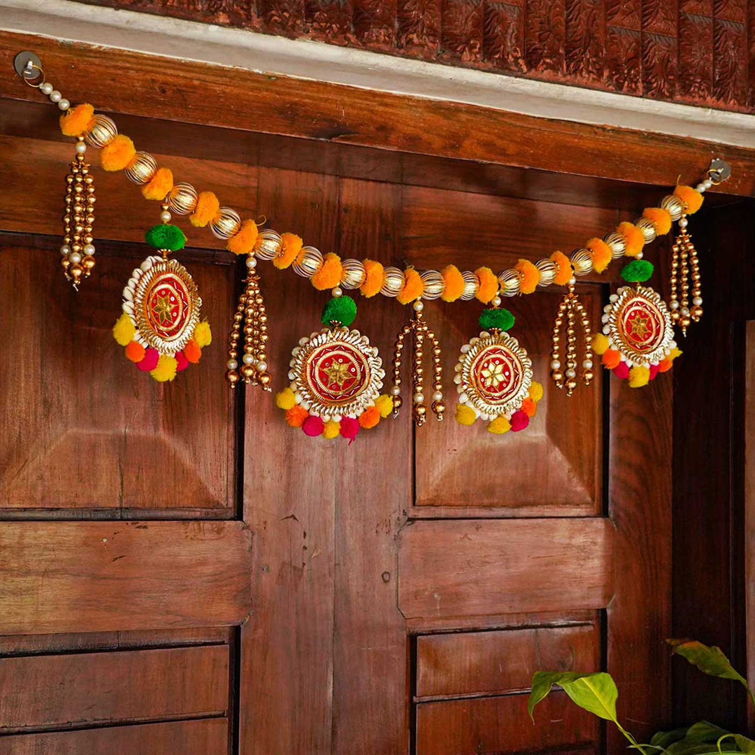 Handmade Yellow Pom Pom Toran With Decorative Shell Bangles