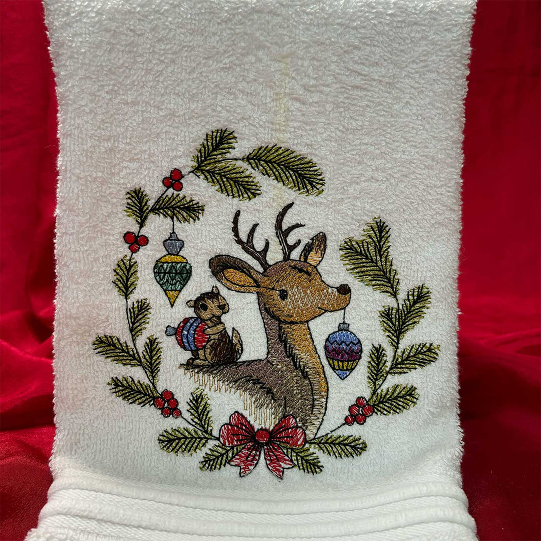 Personalized Deer & Chipmunk Embroidered Cotton Hand Towel | Xmas Gifting Ideas