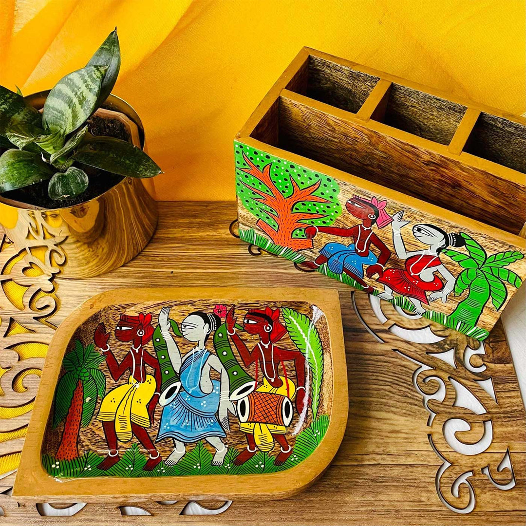 Hand-Painted Pattachitra Harshil Wooden Hamper | Set Of 2