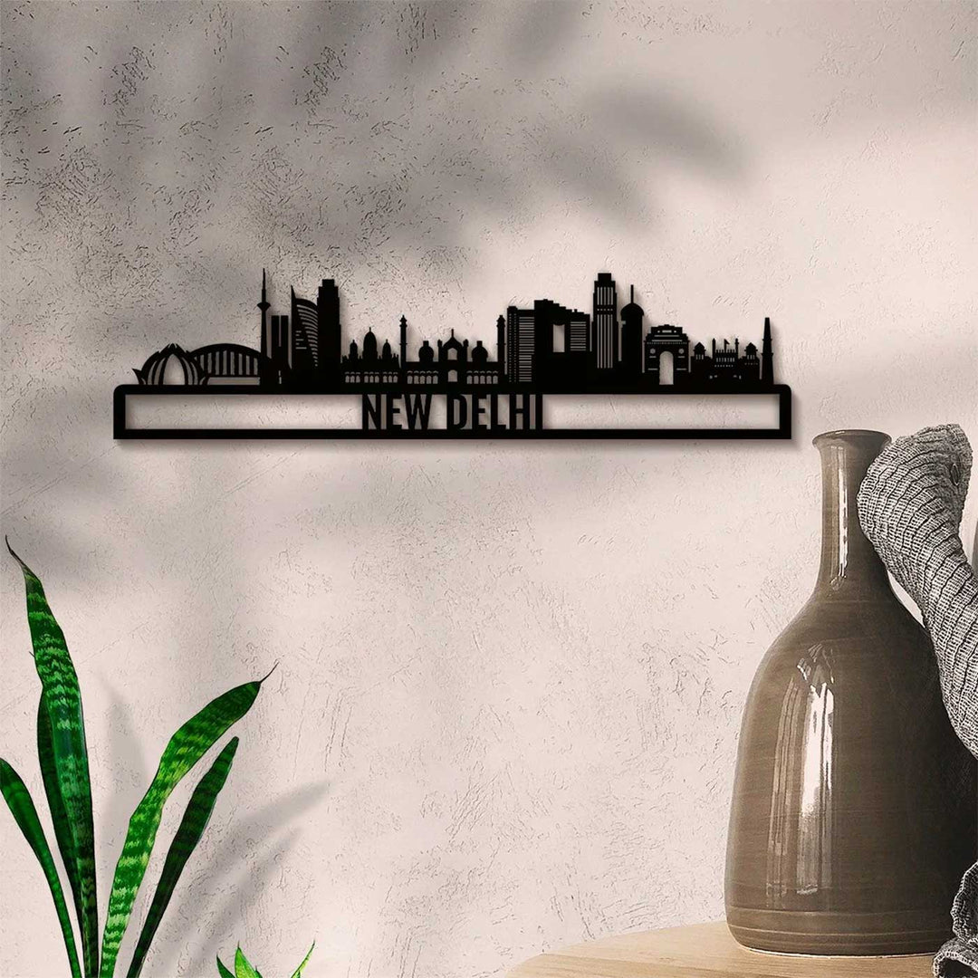 Printed Black Wooden New Delhi City Skyline Wall Decor