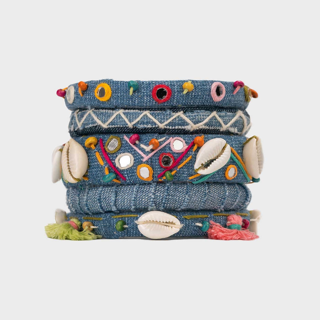 Blue Handcrafted Cheshta Denim Fabric Thread Embroidery Bangles | Set of 5