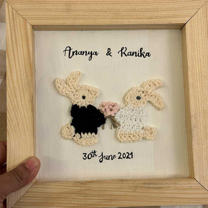 Personalized Handmade Crochet Bunny Wooden Plaque For Couples