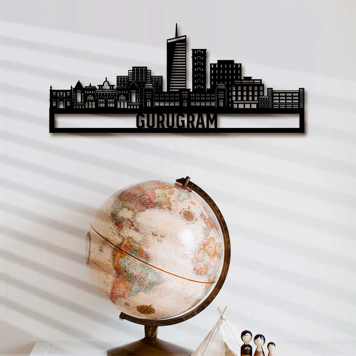 Printed Black Wooden Gurugram City Skyline Wall Decor