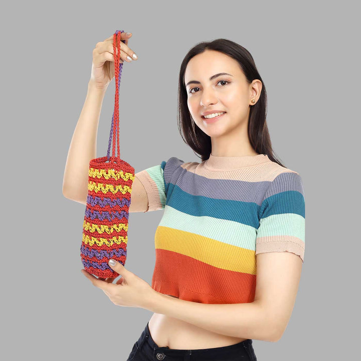 Handmade Crochet Multicolored Water Bottle Tote Bag