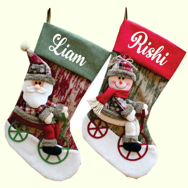 Personalized Snowman On A Bike Felt Stockings For Christmas Decoration