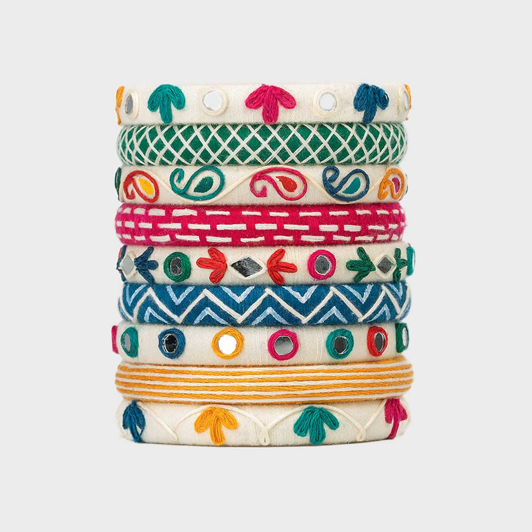 White Handcrafted Suhani Traditional Thread Work Bangles | Set of 9