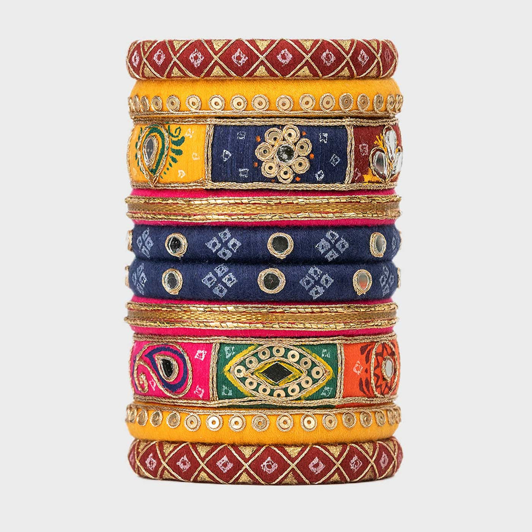 Yellow & Blue Handcrafted Yugma Mirror Work Bangles | Set of 10