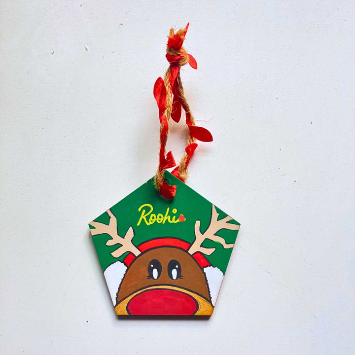 Personalized Green Reindeer Wooden Ornaments For Christmas Tree Decoration | Set Of 2