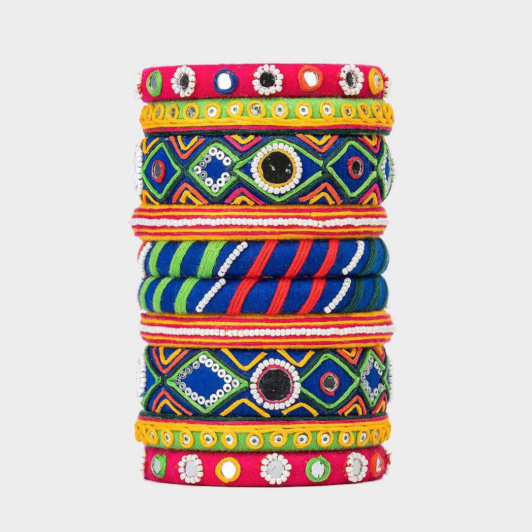 Multicolour Handcrafted Idika Embroidery Bangles | Set of 10