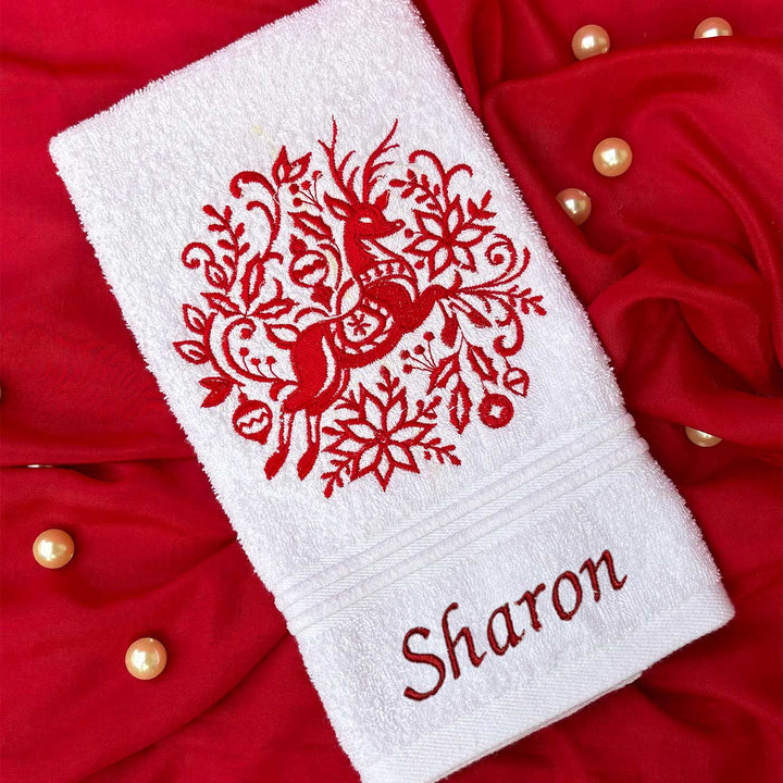 Personalized Decorative Reindeer Embroidered Cotton Hand Towel | Secret Santa Gift Ideas