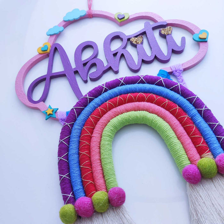 Personalized Handmade Macrame Cloud Rainbow & Tassels Kids Name Plate With 3D Letters