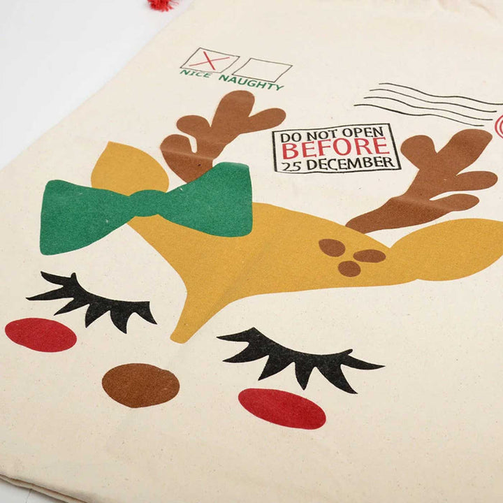 Personalized Reindeer With A Bow Extra Large Muslin Gift Sack | Xmas Gifting Ideas