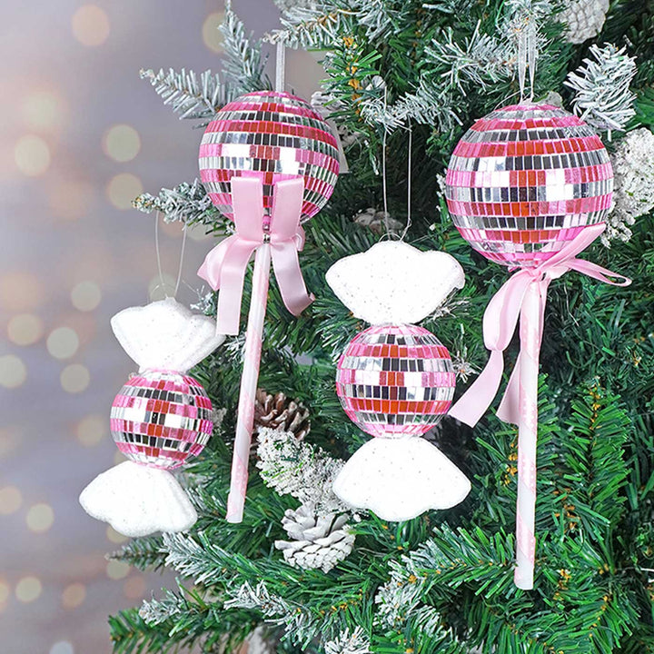 Handmade Pink Shiny Disco Themed Candy Shaped Ornaments For Christmas Tree Decoration | Set Of 4