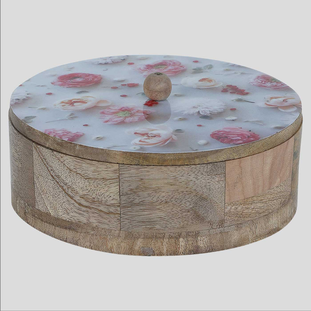 Handmade Flower Printed Mango Wood Roti Box With Tong