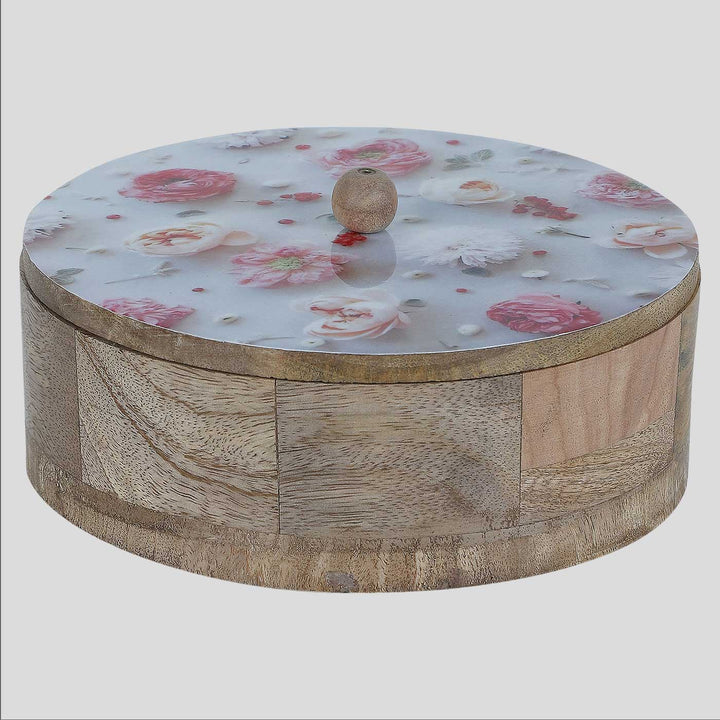 Handmade Flower Printed Mango Wood Roti Box With Tong