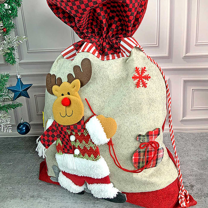 Handmade Deer Red & Grey Checks Plush Fabric Gift Sacks For Christmas Decoration